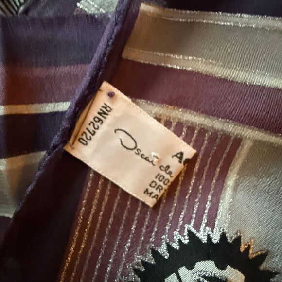 Vintage Oscar de la Renta Silk Oblong Scarf | Purple Black Paisley Stripe | Made - Picture 8 of 16